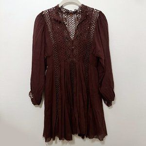 Free People Boho Maroon Lace Long Sleeved Mini Dress - XS